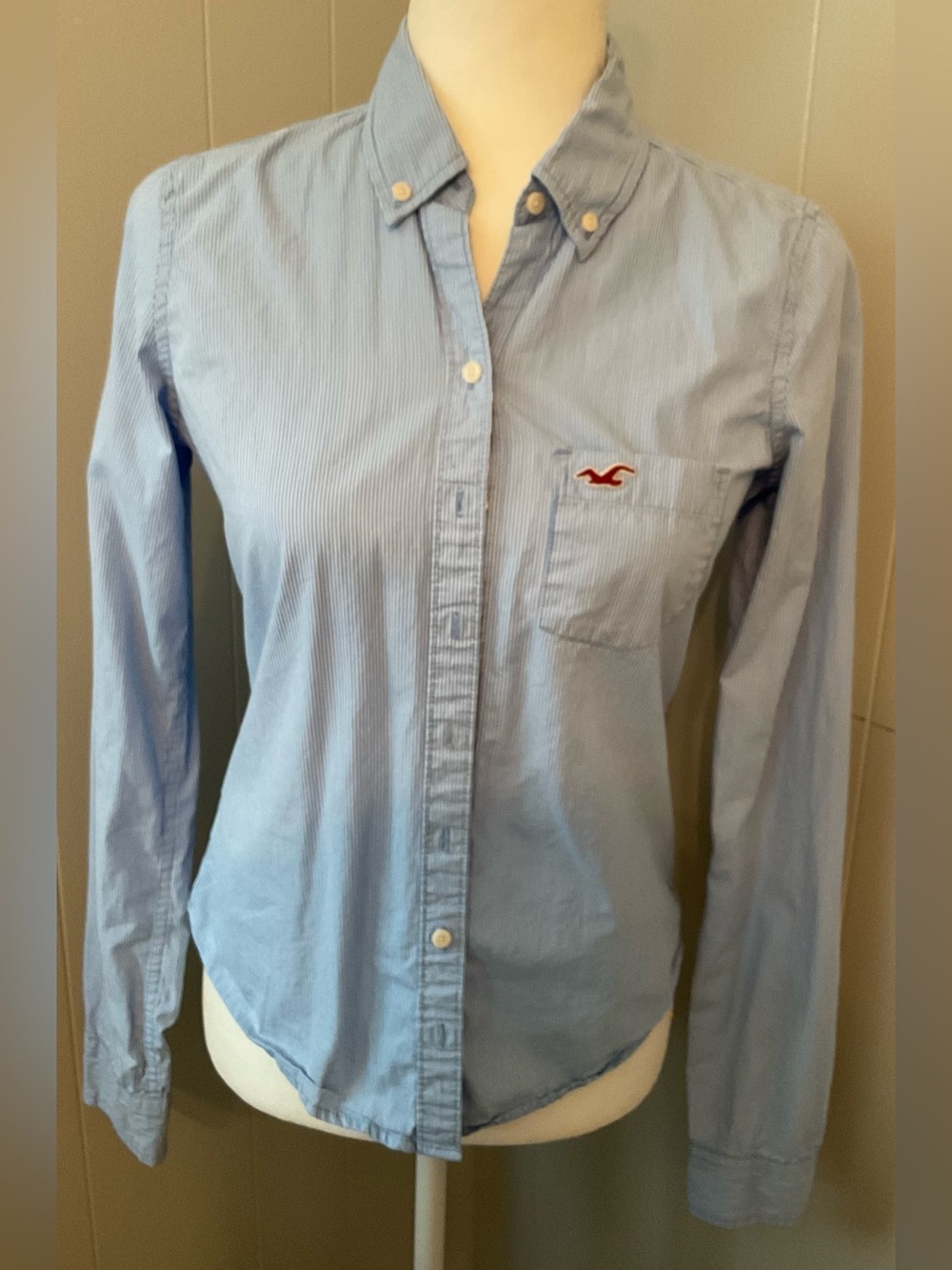 Hollister Light Blue Button-Down Shirt with Red Logo Accent